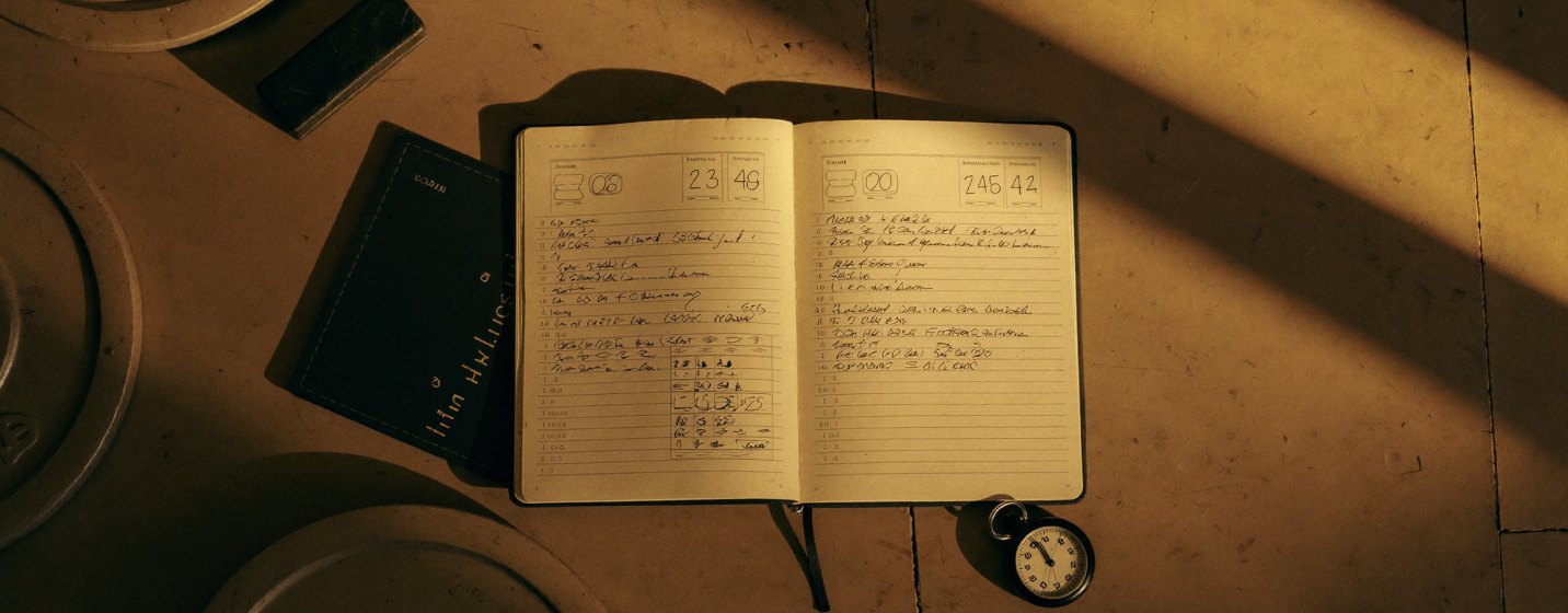 Training log notebook and stopwatch on a gym floor